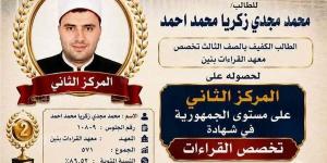 إنجاز مشرف لمنطقة بورسعيد الأزهرية، الطالب محمد زكريا يحصد المركز الثاني على مستوى الجمهورية في "تخصص القراءات"