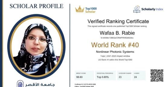 جامعة الأقصر تهنئ الدكتورة وفاء بسيوني لانضمامها لقائمة أفضل 1000 باحث بالعالم