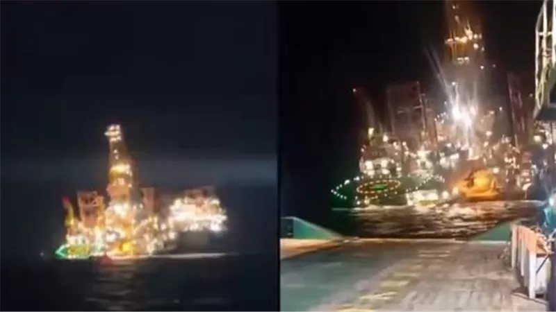 شاهد لحظة غرق منصة ضخمة للتنقيب عن البترول بالجابون وفقدان 5 أشخاص من طاقمها