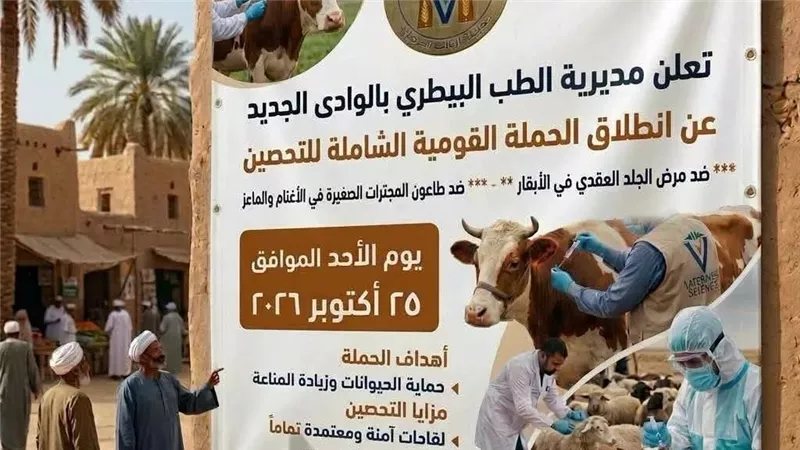 «الطب البيطري بالوادي الجديد» تطلق الحملة القومية لتحصين الأبقار والأغنام والماعز 25 أكتوبر