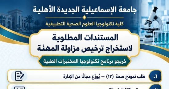 جامعة الإسماعيلية الجديدة الأهلية تعلن مستندات استخراج ترخيص مزاولة المهنة لخريجى تكنولوجيا المختبرات الطبية