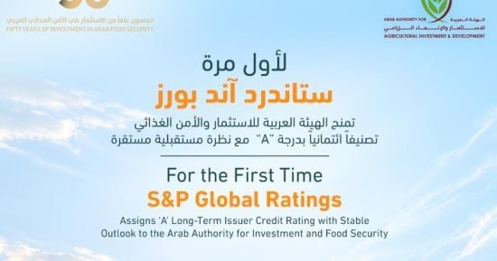 «ستاندرد آند بورز» تمنح الهيئة العربية للاستثمار والأمن الغذائى تصنيفاً ائتمانياً بدرجة A