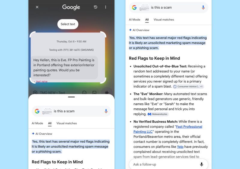 Google تتيح كشف رسائل الاحتيال النصية عبر Circle to Search في Android