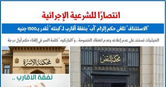 الاستئناف تلغى حكم إلزام أب بنفقة أقارب لابنته تقدر بـ1500 جنيه.. برلمانى